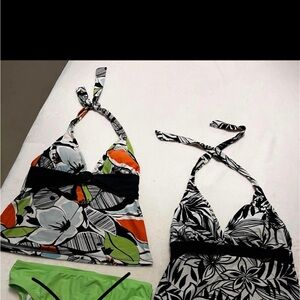 Floral Halter Tankini Tops with Black Waistband - Multicolor & Black/White